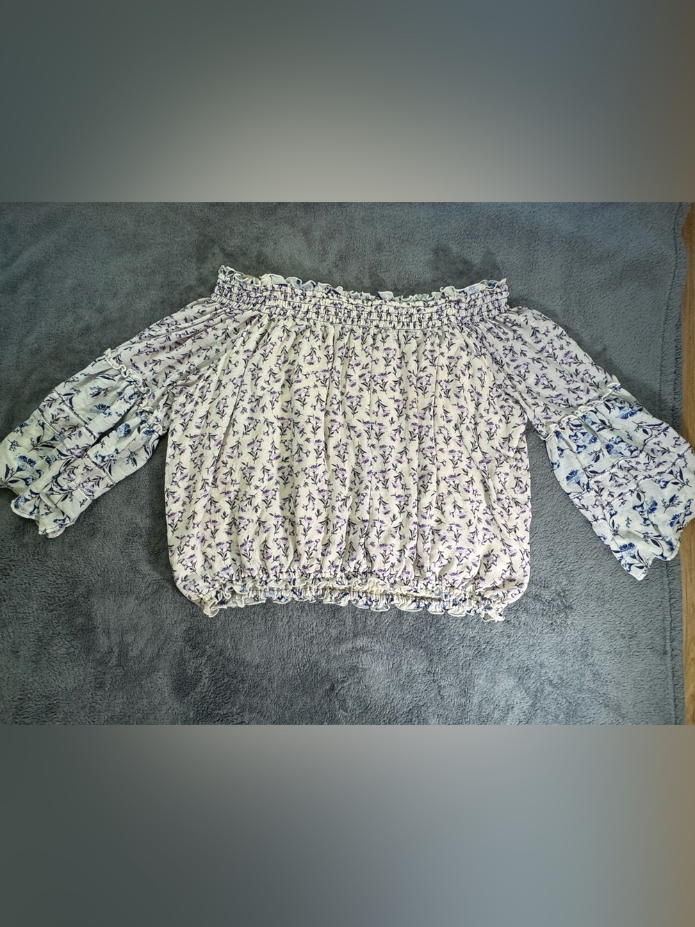 Free People Off-Shoulder Lavender Floral Boho Women's Crop Top Long Sleeves L